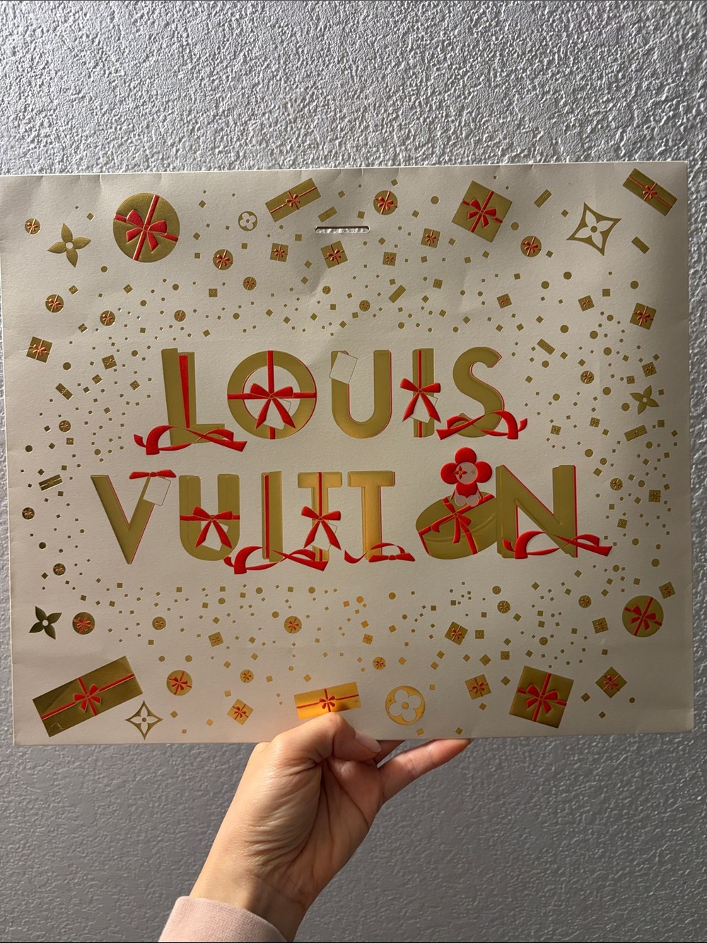 Louis Vuitton Gold and Red Logo Print